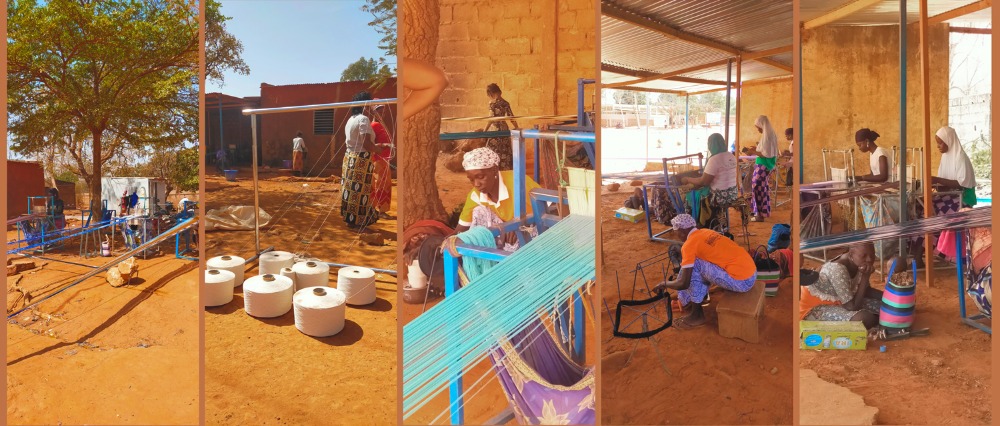 Eine Fotocollage zeigt verschiedene Stationen der Textilproduktion in Westafrika: Sie zeigen Frauen, die Garnrollen vorbereiten, die Fäden auf lange Webrahmen spannen und weben. Die Atmosphäre ist lebendig und gemeinschaftlich, mit einem Fokus auf handwerklicher Arbeit und wirtschaftlicher Selbstermächtigung.
