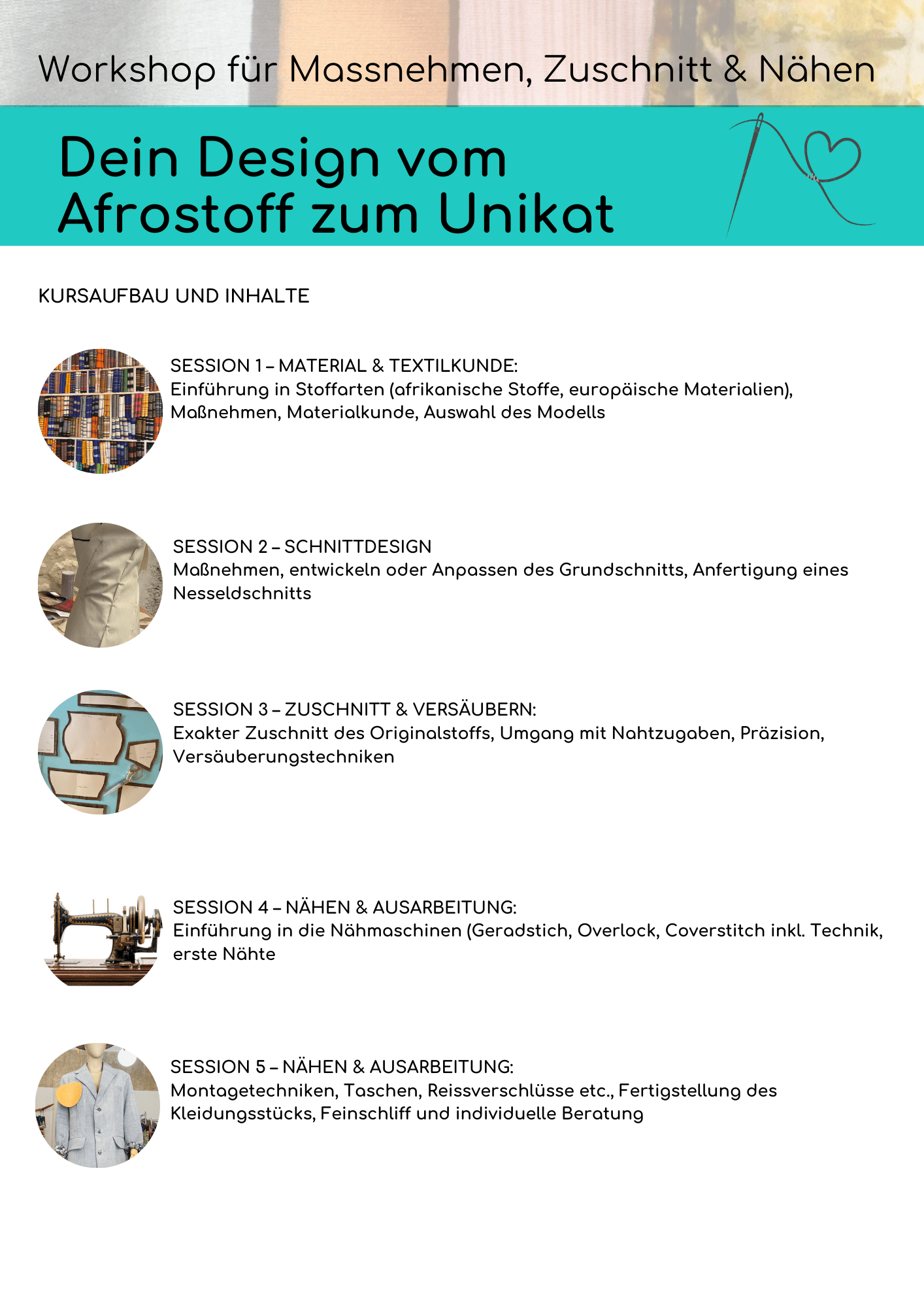 Regal voller bunter Stoffballen mit vielfältigen Mustern und Farben, überwiegend afrikanische Textilien.“ „Schneiderpuppe, die mit einem halbfertigen Kleidungsstück aus hellem Stoff bekleidet ist, genutzt für die Schnittentwicklung.“ „Auf einem Tisch ausgelegte Papierschnittteile eines Kleidungsstücks, sortiert und beschriftet für präzisen Zuschnitt.“ „Nähmaschine in Nahaufnahme, bereit zur Nutzung für erste Übungsnähte.“ „Halbfertige Jacke auf einer Schneiderpuppe mit sichtbaren Nähten und Stecknadeln zur finalen Ausarbeitung.“