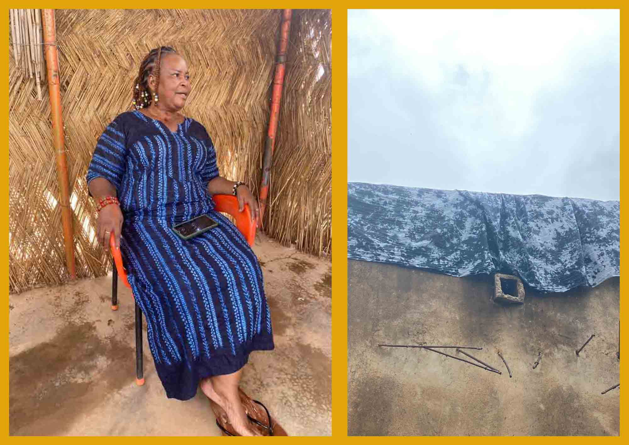 Zweiteiliges Bild mit gelbem Rahmen: Links sitzt eine erwachsene Frau in einem blau gemusterten Kleid auf einem orangefarbenen Stuhl vor einer Wand aus geflochtenem Naturmaterial. Sie blickt zur Seite. Rechts ist eine Mauer zu sehen, über deren Rand ein blau-grau gemustertes Tuch im Wind liegt, darüber ein heller, bewölkter Himmel.