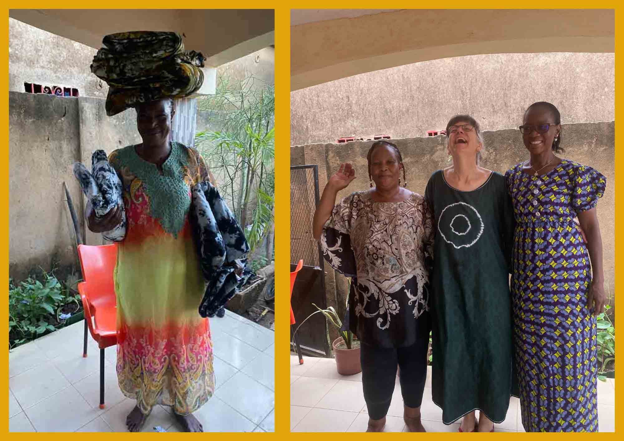 Zweiteiliges Bild mit gelbem Rahmen: Links steht eine erwachsene Frau barfuß auf einem Boden aus ausgebreitetem weißem Stoff und hält ein großes Stück weißen Textils vor sich, während sie es betrachtet. Rechts ist eine Person von oben zu sehen, die sich über einen großflächig ausgebreiteten, blau-weiß-gelb gemusterten Stoff beugt und ihn mit den Händen bearbeitet.