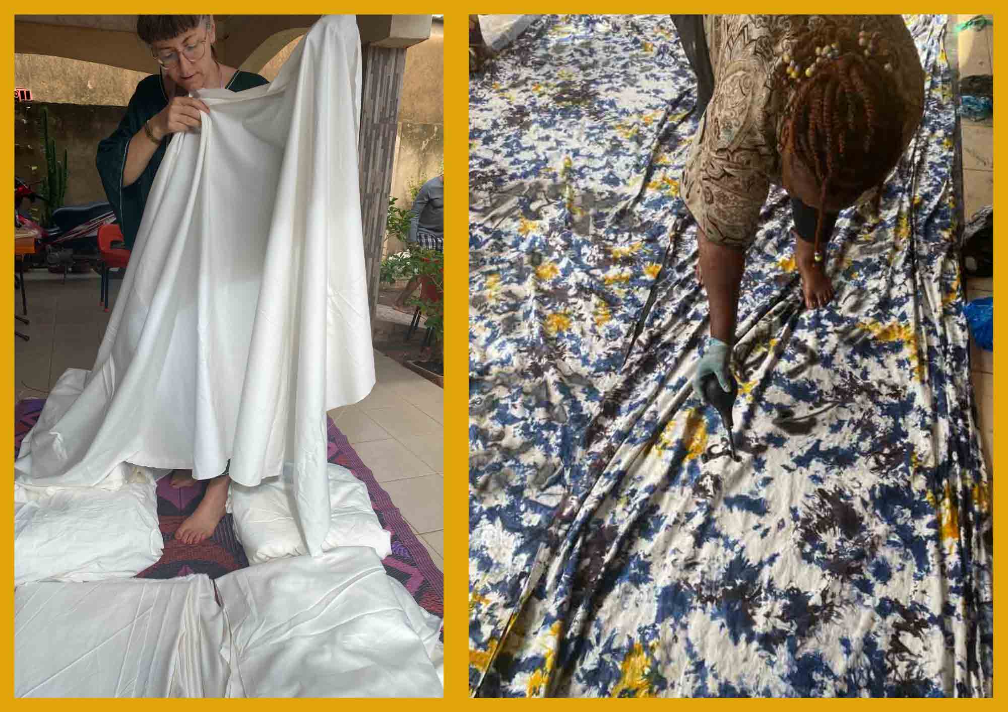 Zweiteiliges Bild mit gelbem Rahmen: Links steht eine erwachsene Frau barfuß auf einem Boden aus ausgebreitetem weißem Stoff und hält ein großes Stück weißen Textils vor sich, während sie es betrachtet. Rechts ist eine Person von oben zu sehen, die sich über einen großflächig ausgebreiteten, blau-weiß-gelb gemusterten Stoff beugt und ihn mit den Händen bearbeitet.