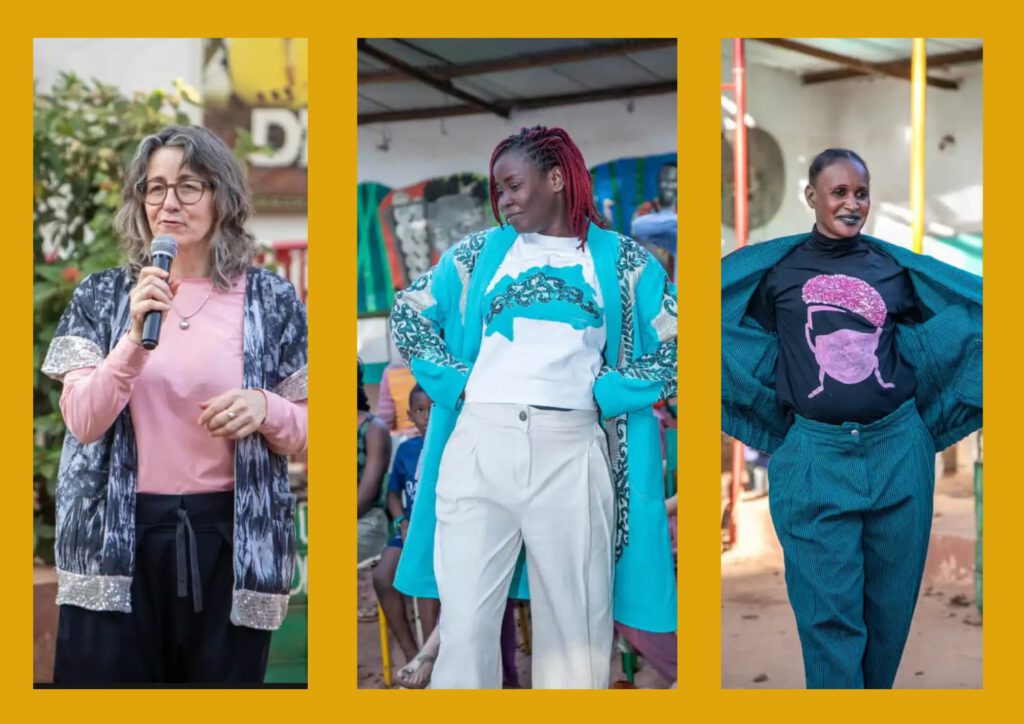 Drei Personen stehen nebeneinander vor einem gelben Hintergrund und präsentieren unterschiedliche Outfits mit grafischen Motiven auf T-Shirts und Jacken.