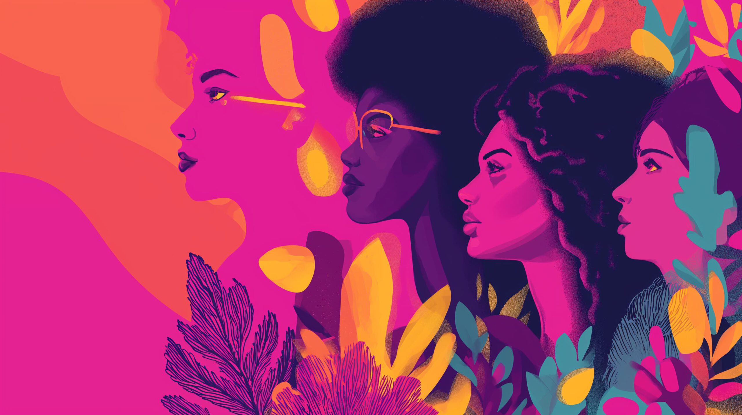 Illustrative, farbintensive Grafik zum Internationalen Frauentag: Vier Frauenprofile in Seitenansicht vor einem leuchtenden Hintergrund in Pink, Orange und Violett, umgeben von stilisierten floralen Elementen. Die Darstellung wirkt kraftvoll, modern und vielfältig.
