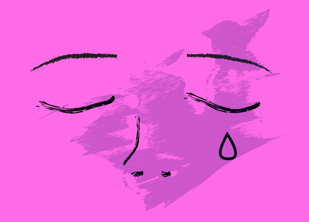 Illustration eines stilisierten traurigen Gesichts auf pinkem Hintergrund: geschlossene Augen, angedeutete Nase und ein einzelner Tropfen unter dem rechten Auge. Ein violetter, malerischer Pinselstrich überlagert Teile des Gesichts und verstärkt die emotionale Wirkung.