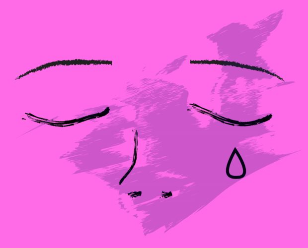 Illustration eines stilisierten traurigen Gesichts auf pinkem Hintergrund: geschlossene Augen, angedeutete Nase und ein einzelner Tropfen unter dem rechten Auge. Ein violetter, malerischer Pinselstrich überlagert Teile des Gesichts und verstärkt die emotionale Wirkung.
